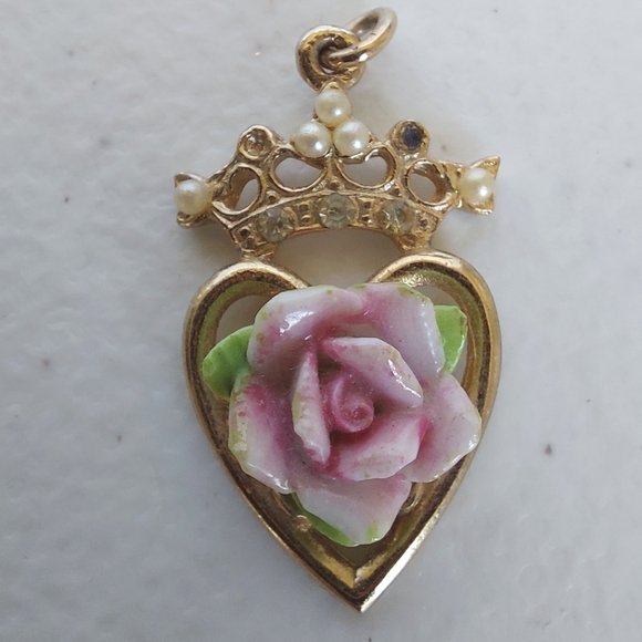 Vtg Coro Pendant Gold Toned W/Pink Enamel Rose W/Faux Pearls & Rhinestones READ - Picture 4 of 5